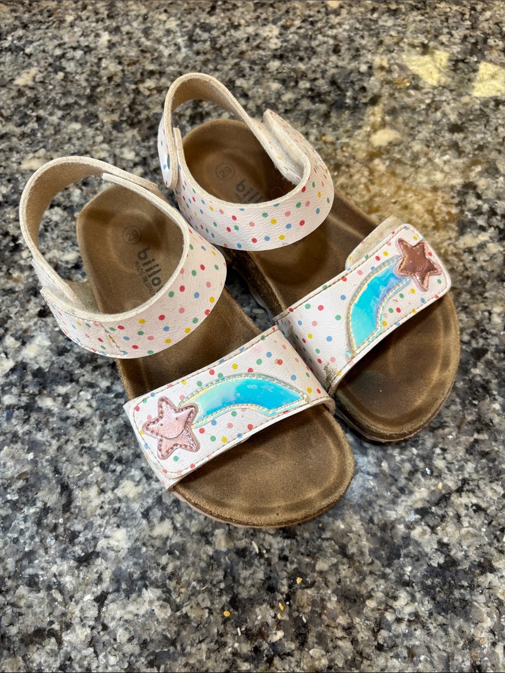 Billowy Kids White Polka Dot Sandals with Blue Star Trail Accent